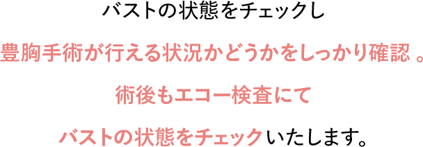 バストの状態をチェックし豊胸手術が行える状況かどうかをしっかり確認。術後もエコー検査にてバストの状態をチェックいたします。