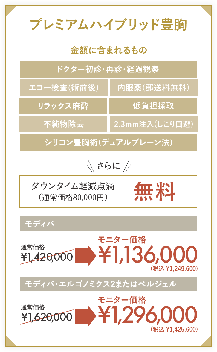 プレミアムハイブリッド豊胸 BEFORE AFTER 金額に含まれるもの ドクター初診・再診・経過観察 エコー検査(術前後) 内服薬(郵送料無料) リラックス麻酔 低負担採取 不純物除去 2.3mm注入(しこり回避) シリコン豊胸術(デュアルプレーン法)さらに ダウンタイム軽減点滴(通常価格80,000円)無料 モディバ 通常価格1,420,000円 モニター価格1,136,000円(税込 ¥1,249,600) モディバ・エルゴノミクス2またはベルジェル 通常価格1,620,000円 モニター価格 1,296,000円(税込 ¥1,425,600)